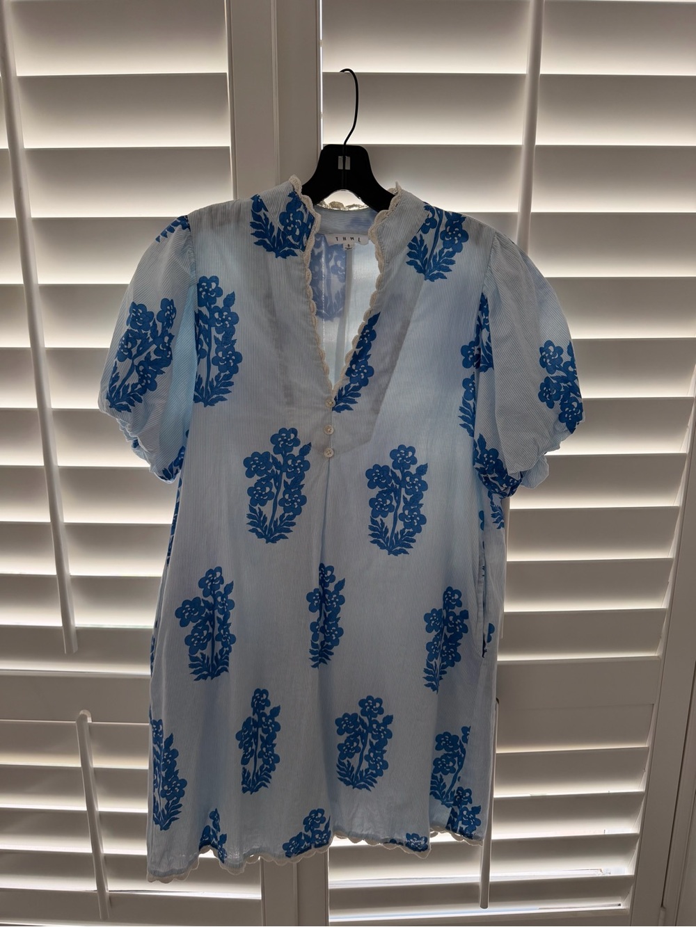 Blue Floral Mini Dress with Scalloped V-Neck - Picture 6 of 9